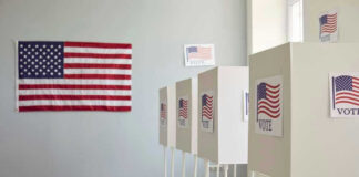 Polling booths with American flags and Vote signs