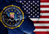 FBI seal superimposed on cracked American flag.