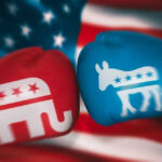 GOP BLOCKS Democrat Plot Against Trump Red and blue boxing gloves with political party symbols