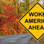 Woke Hire Sparks Outrage Yellow road sign: Woke America Ahead in autumn forest