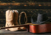 Cowboy boots, hat, and guitar on wooden surface.
