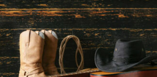 Cowboy boots, hat, and guitar on wooden surface.