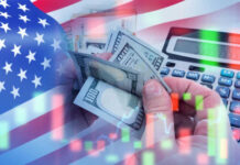 USA flag calculator and hands holding dollars overlapping