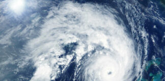 Satellite image of a hurricane over the ocean.