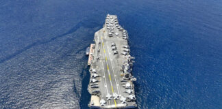 Aircraft carrier on open sea with parked planes