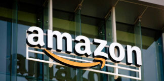 Amazon logo on a glass office building