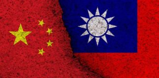 Split image showing the flags of China and Taiwan
