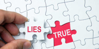 A hand holding a puzzle piece labeled 'LIES' next to a piece labeled 'TRUE'