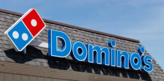 Exterior view of a Domino's Pizza restaurant sign