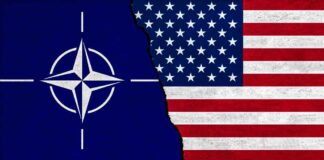 NATO flag on the left and USA flag on the right, with a torn effect in the middle