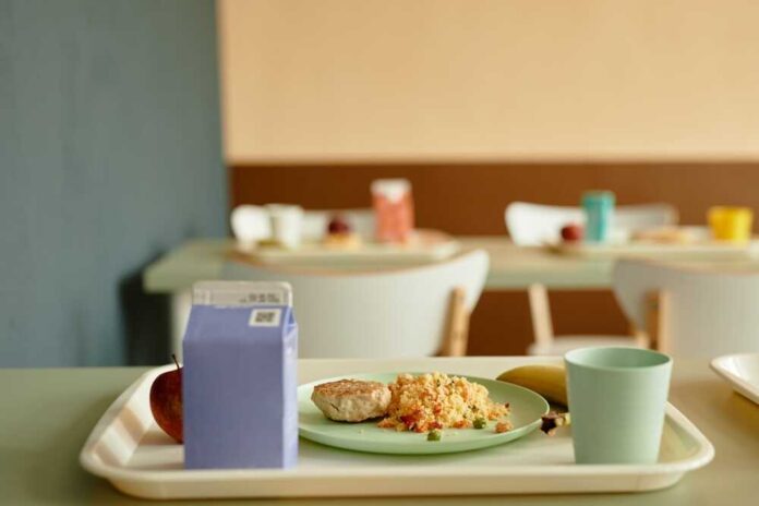 A tray with a healthy school lunch including a meat patty, rice, an apple, a banana, and a drink
