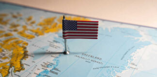 USA flag on a map of Greenland