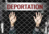 Hands reaching through a chain-link fence with the word 'DEPORTATION' above