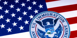 US Immigration and Customs Enforcement badge on flag