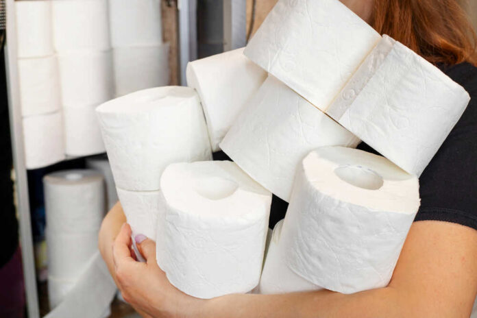 Person holding multiple rolls of toilet paper