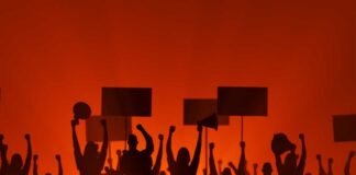 Silhouetted crowd of protesters holding signs against a fiery background