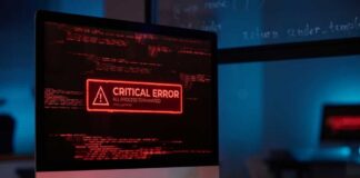 Computer screen displaying a critical error message in red