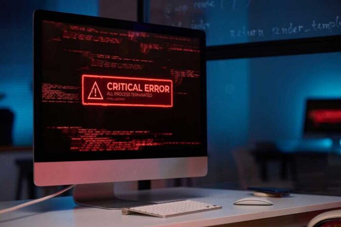 Computer screen displaying a critical error message in red