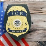 ICE officer badge displayed next to the U.S. flag