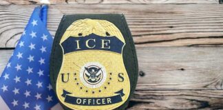 ICE officer badge displayed next to the U.S. flag