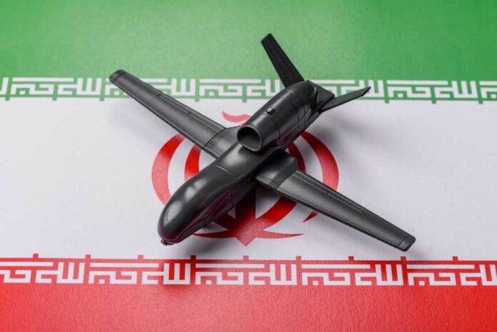 A model drone placed on the Iranian flag