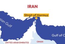 Map highlighting the Strait of Hormuz in the Persian Gulf