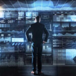 A businessman analyzing data on a digital interface