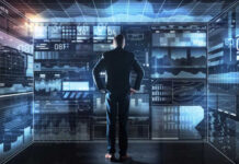 A businessman analyzing data on a digital interface