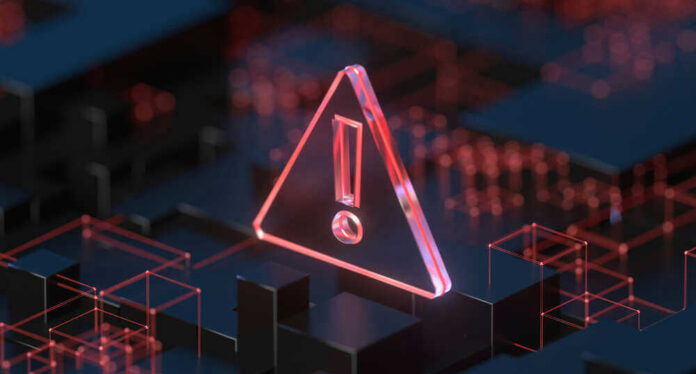 Red warning symbol on a dark digital background