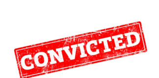 Red stamp with the word 'CONVICTED' in bold white letters