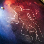 Alt-Pop Star Charged with Grisly Murder Crime scene chalk outline with numbered evidence markers.