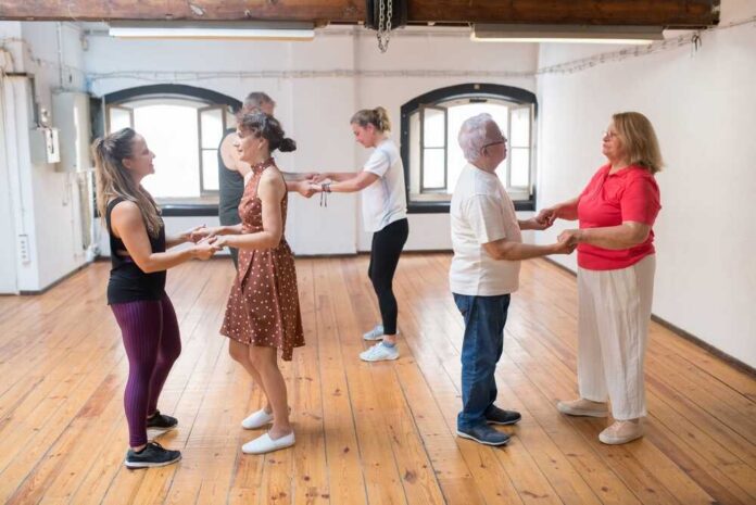 Happy,Senior,Caucasian,Dance,Partners,Learning,Steps.,Cheerful,Old,Couples