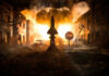 Explosive Retaliation: Russia’s Unstoppable Weapon? Missile launch in a burning, war-torn city scene.