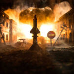 Missile launch in a burning, war-torn city scene.