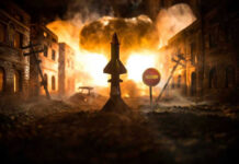 Missile launch in a burning, war-torn city scene.