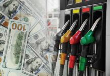 NOW: Trump Backs Gas Tax ‘Holiday’ A collage of hundred dollar bills and fuel pumps at a gas station