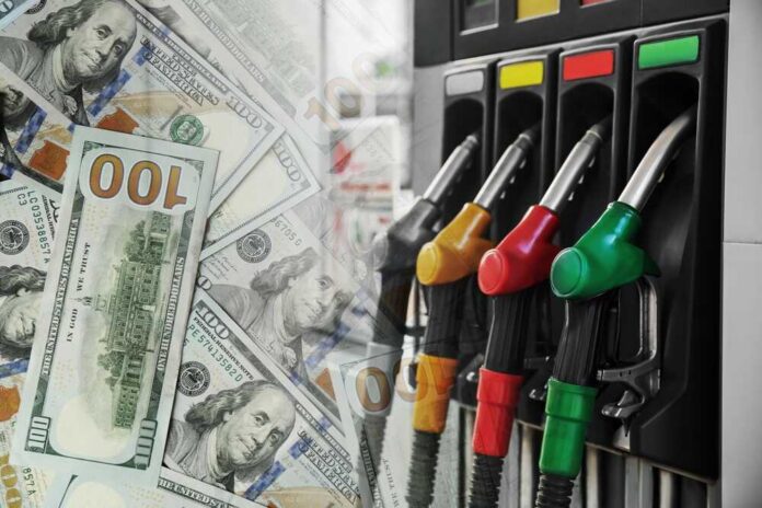 A collage of hundred dollar bills and fuel pumps at a gas station