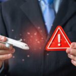 Businessman holding a model airplane and a warning sign