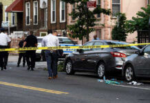 Crowd Ambushed — SUV Sprays Bullets Police and crime scene tape on city street.