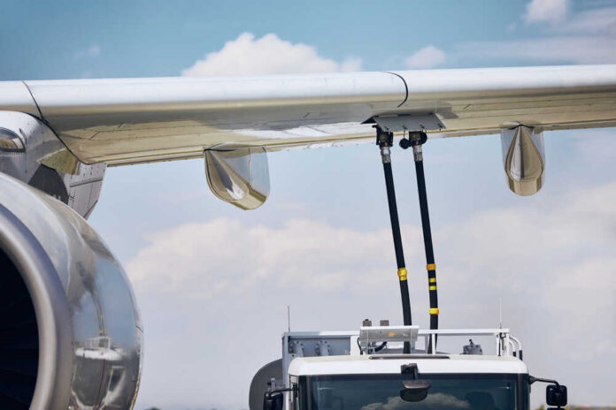 Ground,Service,Before,Flight.,Refueling,Of,Airplane,At,Airport. Close-up of an airplane wing being fueled by a ground support truck