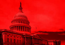 Silence Shatters: Senaror’s Hospital Mystery United States Capitol building under red-tinted sky.