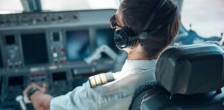 Pilot in cockpit wearing headphones and operating aircraft controls