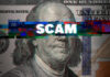 Tiny Deli, $100M Scam — Prison Follows Dollar bill glitch effect with scam text overlay