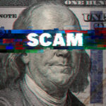 Tiny Deli, $100M Scam — Prison Follows Dollar bill glitch effect with scam text overlay