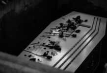 Shock Death: Bonnie Tyler Gone Coffin with flowers inside a dark burial plot.