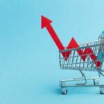 Grocery Bills Surge, Carts Shrink A shopping cart with red arrows indicating growth on a blue background