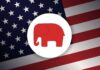 Republicans Revolt: Court Approval Tanks Red elephant icon on a background of the American flag