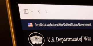 Close-up of a government website displaying the U.S. Department of War