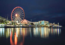 Ferris wheel and waterfront lights reflecting on water.