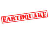 Star Power Takes Aim At Quake Disaster Red stamp with the word EARTHQUAKE